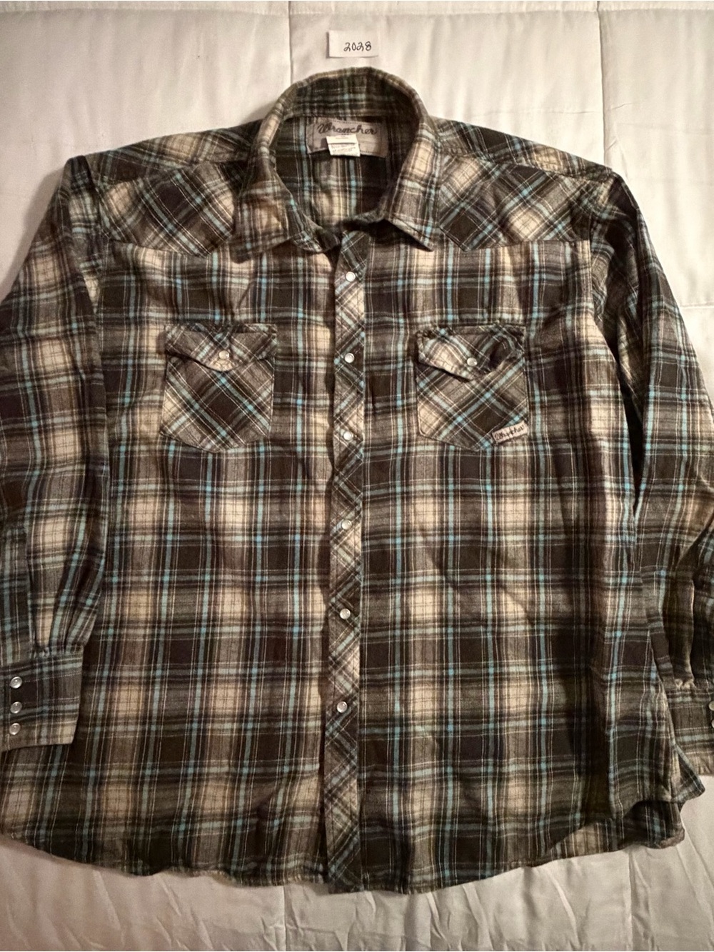 Wrancher by Wrangler 2X Brown Teal Plaid Pearl Snap Western Shirt